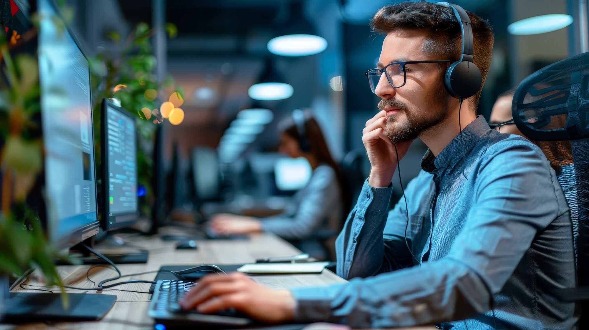 Businessman coaching intern in call center skills, customer service, or support. Young man training woman, agent, or junior consultant on computer for online advice or job