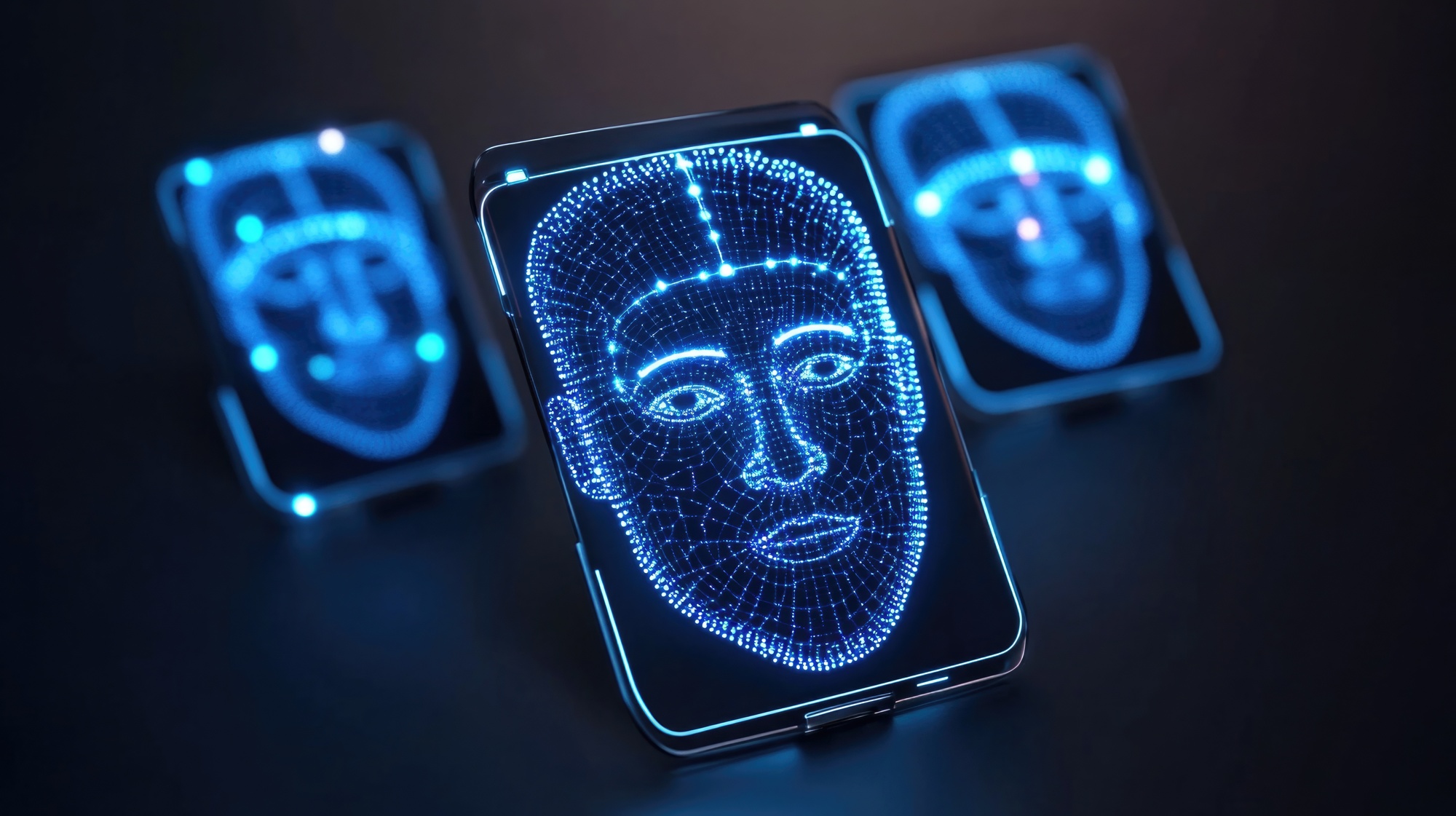 Futuristic digital face in holographic display with neural network connections